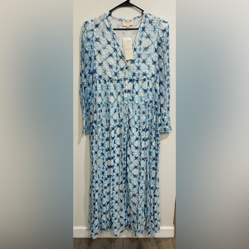 Rococo Sand Boho Blue Volna Long Sleeve Maxi Dress NWT SZ L